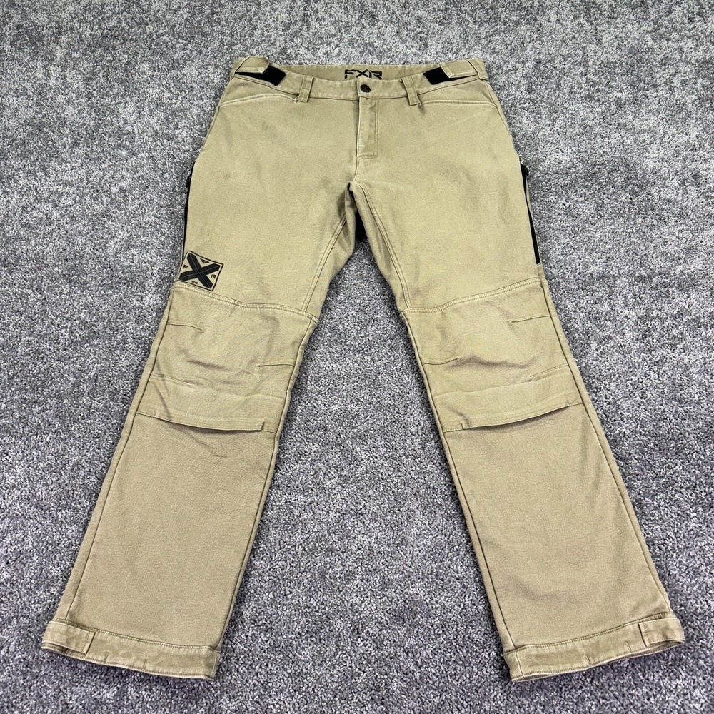 FXR Pants Mens XL Beige Canvas Lined Adjustable Waist Outdoor Pockets Logo Work